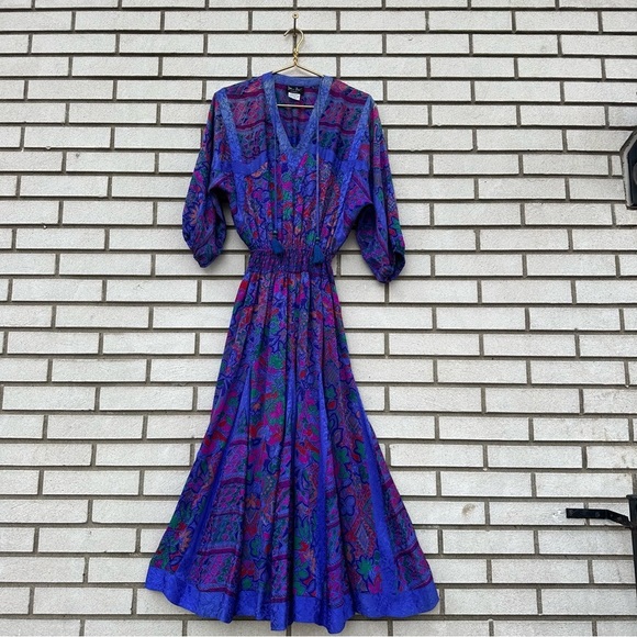 1980’s Rare Vintage Diane Freis Silk Dolman V-Neck Godet Dress Purple Abstract - Picture 1 of 11